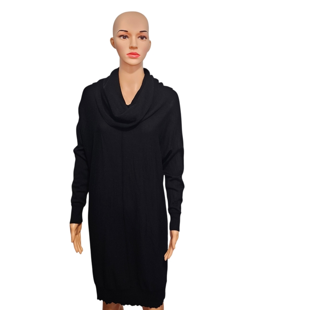 Tahari Merino Wool Women's Cowl Neck Black Sweater Dress Sz M